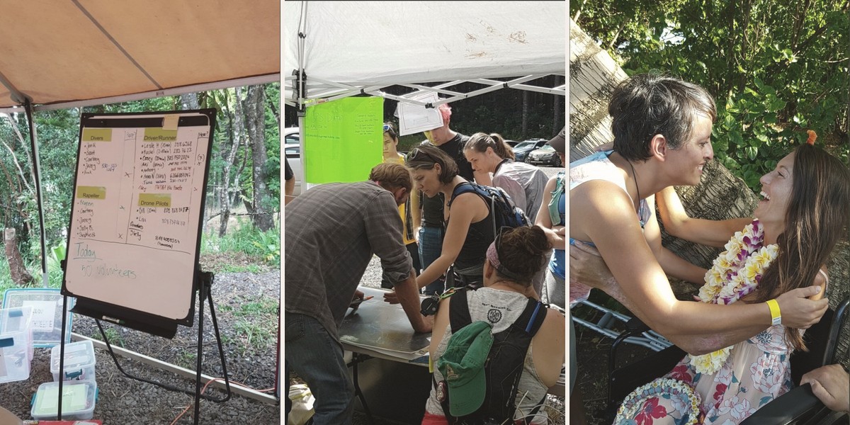 Maui, Mai 2019 – Suchcamp im Makawao Forest Reserve: Volunteer-Tafel, Koordination am Tisch, Wiedersehen nach der Suche.